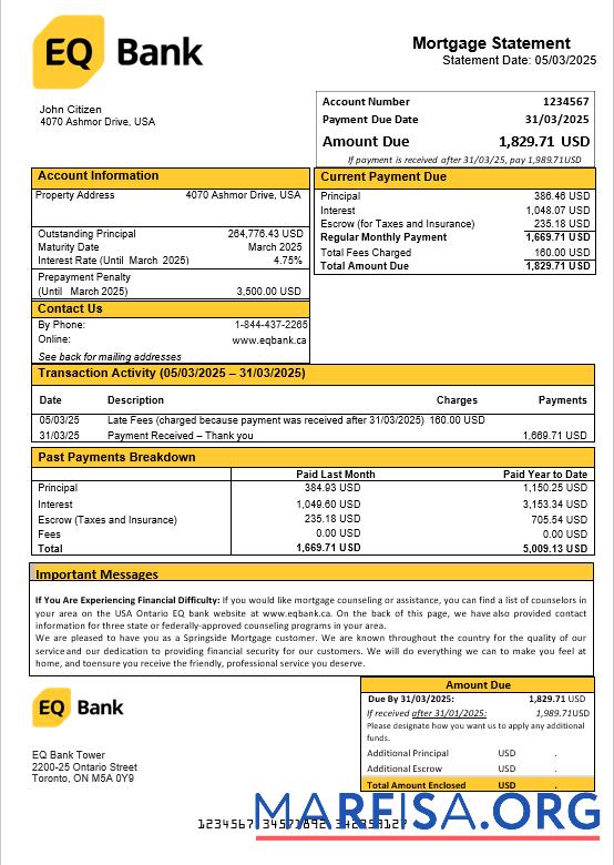 Blank USA Ontario EQ bank mortgage statement in Word and PDF formats sample